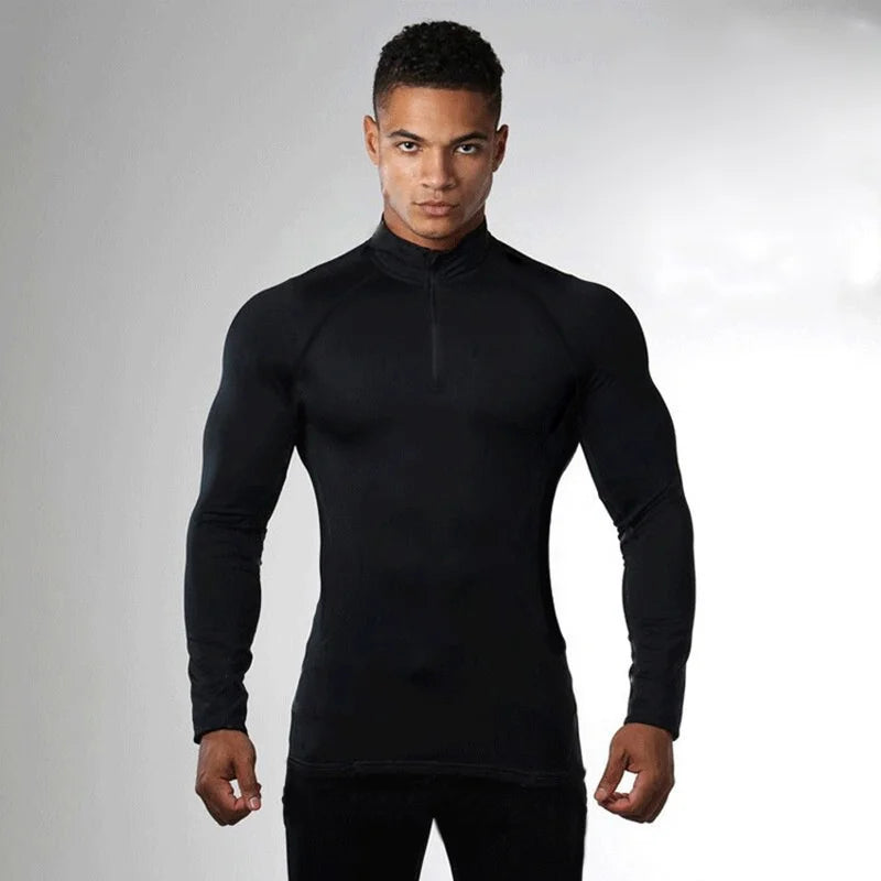 European American Men's Casual Solid Fitness Running Sports Long-Sleeved T-Shirt Autumn Stand-Up Collar Zipper Elastic Bodysuit