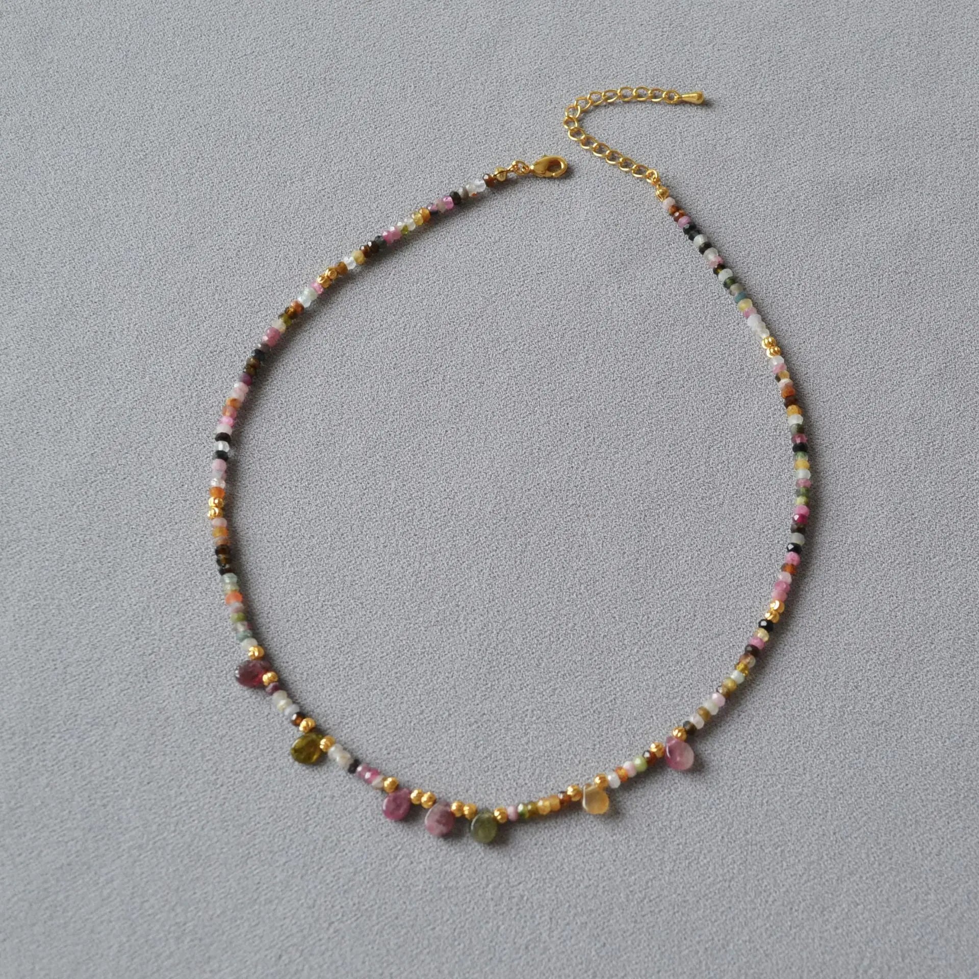 Sweet Rainbow Water Drops Crystal Necklace Bohemian Colorful Natural Tourmaline Handmade Beaded Collarbone Necklace