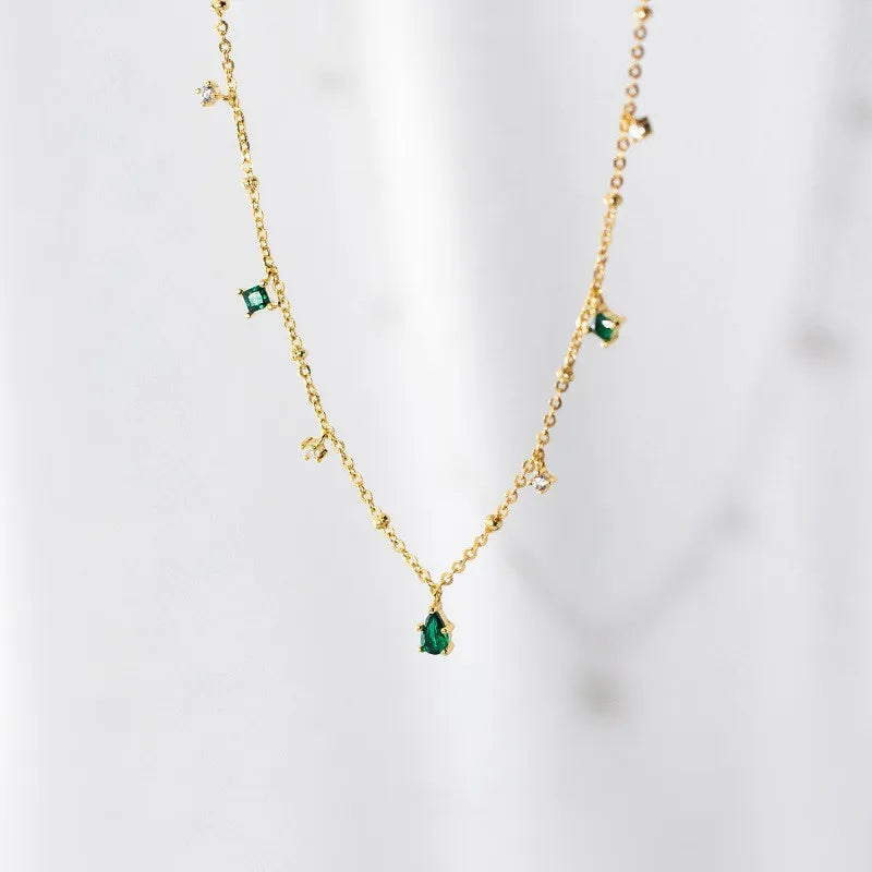 925 Sterling Silver Small Square Water Drop Shape Green Zircon Stone Pendant 18K Gold Plated Necklaces Jewelry for Women