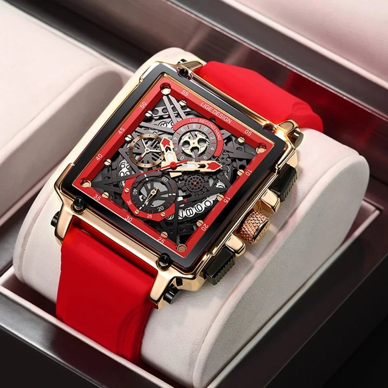 LIGE LG8935 Square Red Luxury Men's  Sports Quartz Wrist Watch Waterproof Stopwatch with Leather Band Relogio Masculino