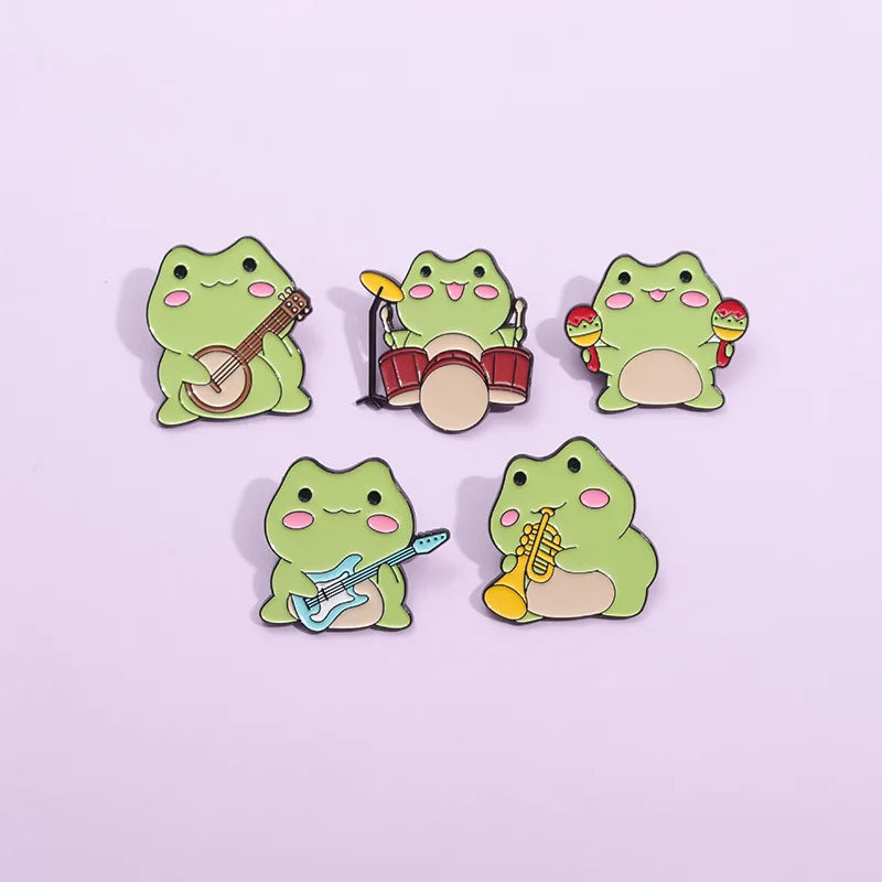 Cute Music Frog Band Drums and Trumpets Animal Brooch Metal Badge Collar Soft Enamel Pin Button for Clothing Silk Scarf Buckle