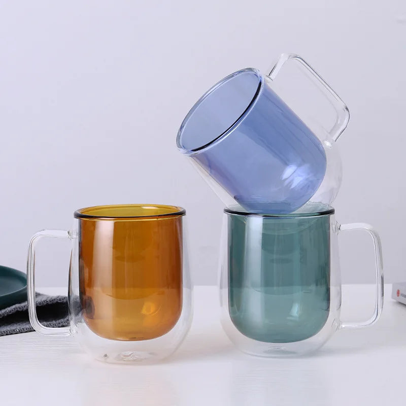 2024 New Reusable High Borosilicate Glass Cup Portable Food Grade Double Wall Inside Color Glass Mug With Handle