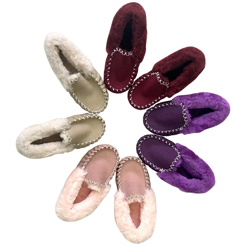 Sample Support Handmade Genuine Sheepskin Merino Fur Moccasin Shoes for Women Warm Winter House Shoes for Spring and Autumn