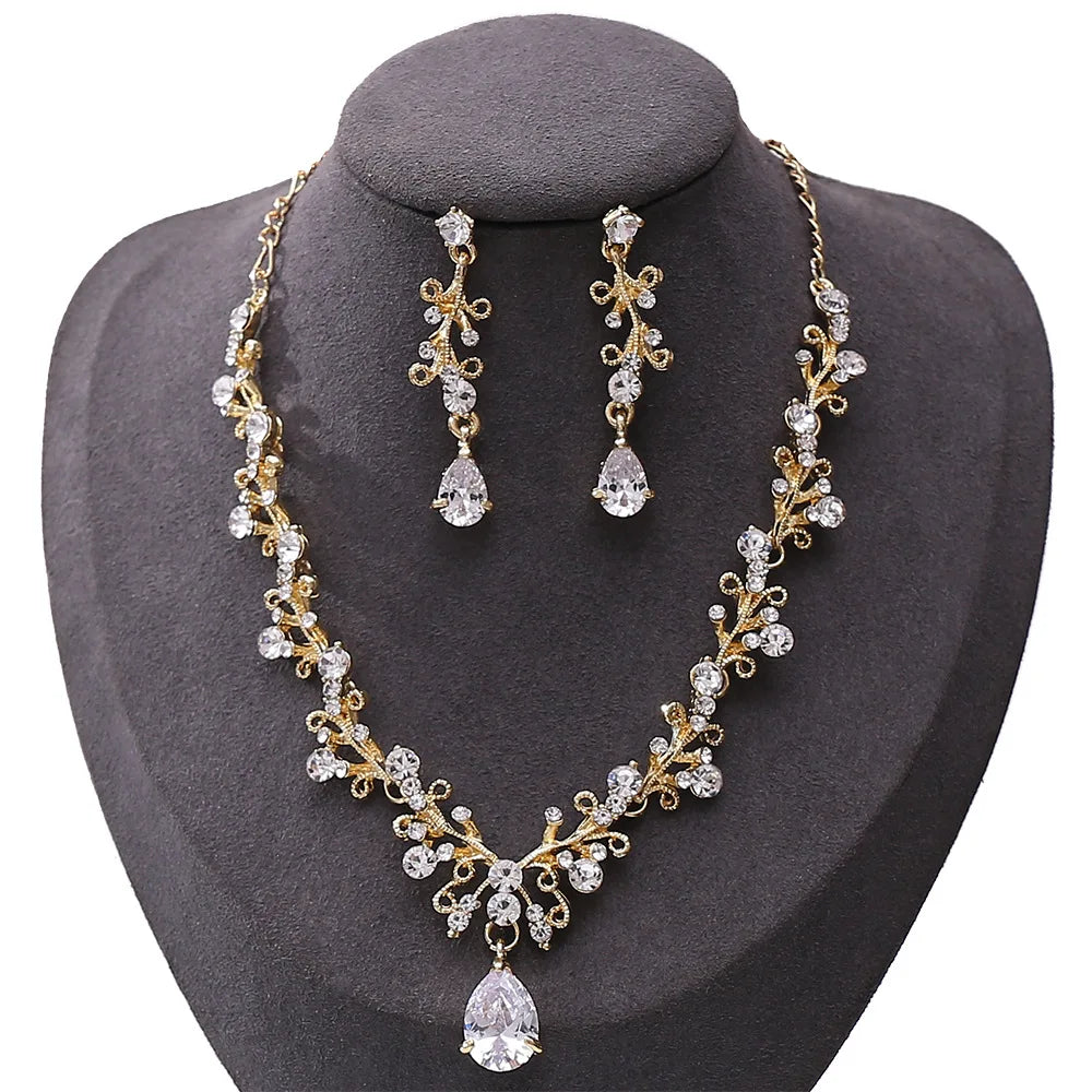 Korean Exquisite Water Drop Wedding Dress Bride Jewelry Zircon Necklace Earring Set
