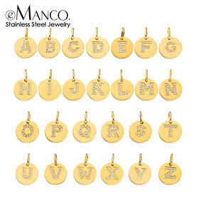 EManco Zircon A-z Letters Charm Alphabet Stainless Steel Classic Gold Plated CZ Charm Capital Initial Pendant for Jewelry Making