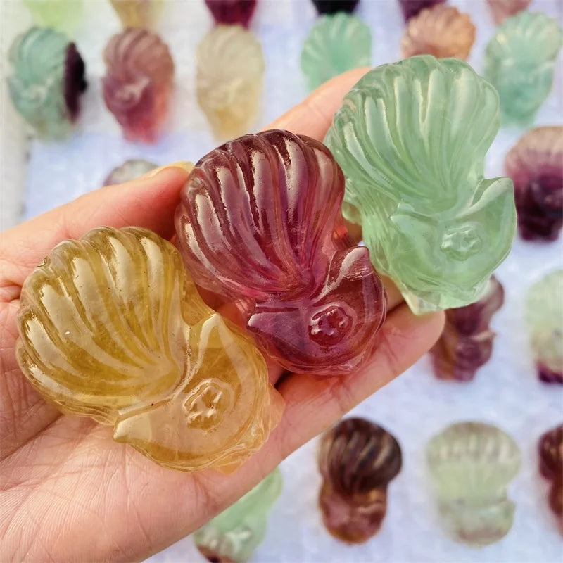 Wholesale Natural Crystal Fox Carving Folk Animal Carving Crafts Rainbow Fluorite Fox