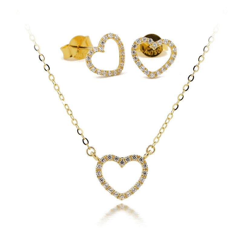 Fine Solid Pure Gold Jewelry Sets Gold Necklace With Pendant Heart Stud Earring with 5A CZ Stones AU750 for Women