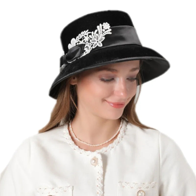 Women Retro French Style Black Velvet Fedora Bowler Derby Church Dress Bucket Hat Cloche Hat Fashion Ladies Winter Hats