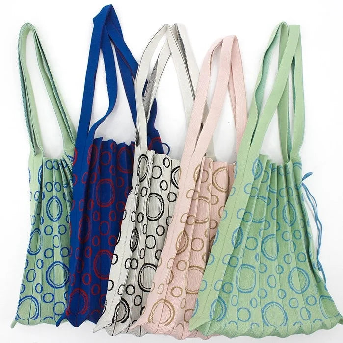 2023 New Fashionable Female Vintage Geometric Pattern Japan Style Knitted Pleated Tote Bag Portable Foldable Daily Shoulder Bag