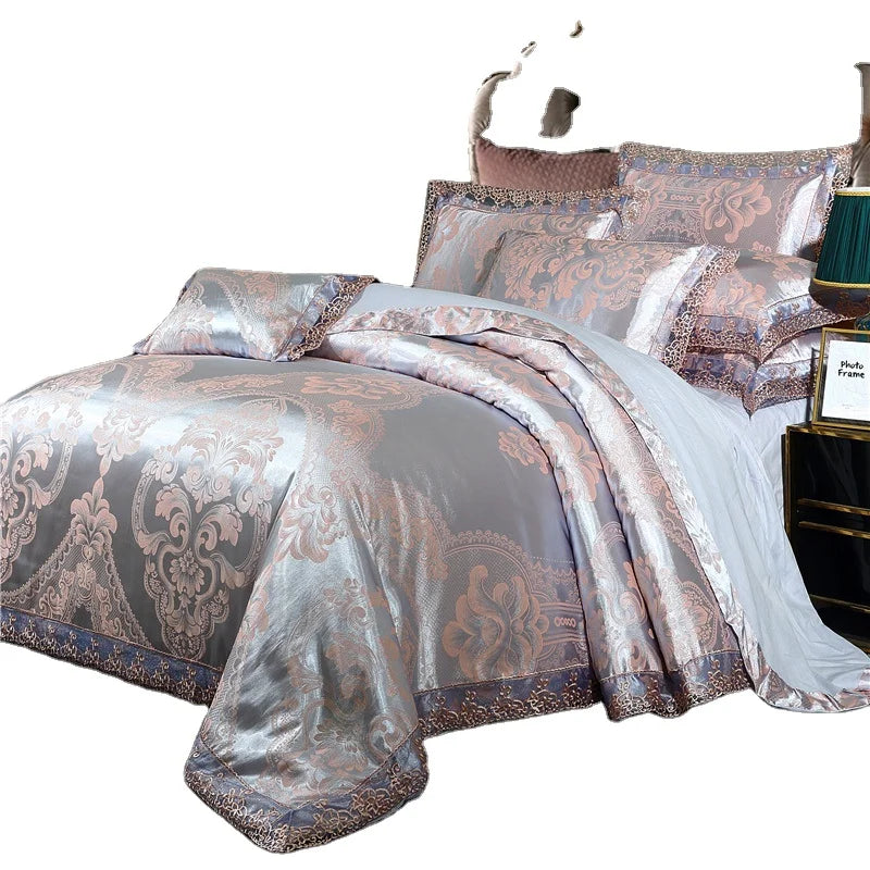 European Satin Home Floral Print Bedding Set Jacquard Pattern Duvet Cover Bed Sheet Pillow Modal Jacquard Made Premium Polyester