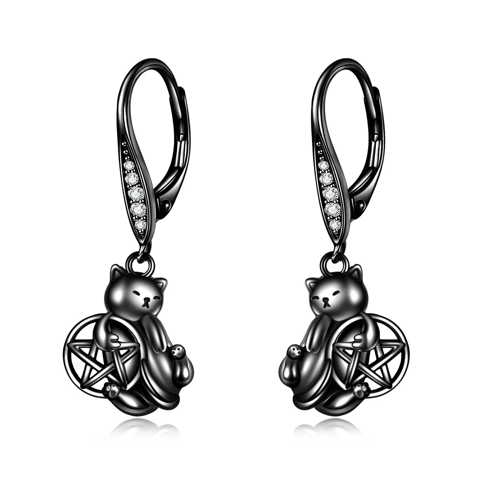Hot Sale Animal Jewelry 925 Sterling Silver Cubic Zircon Black Cat Pentagram Dangle Earrings
