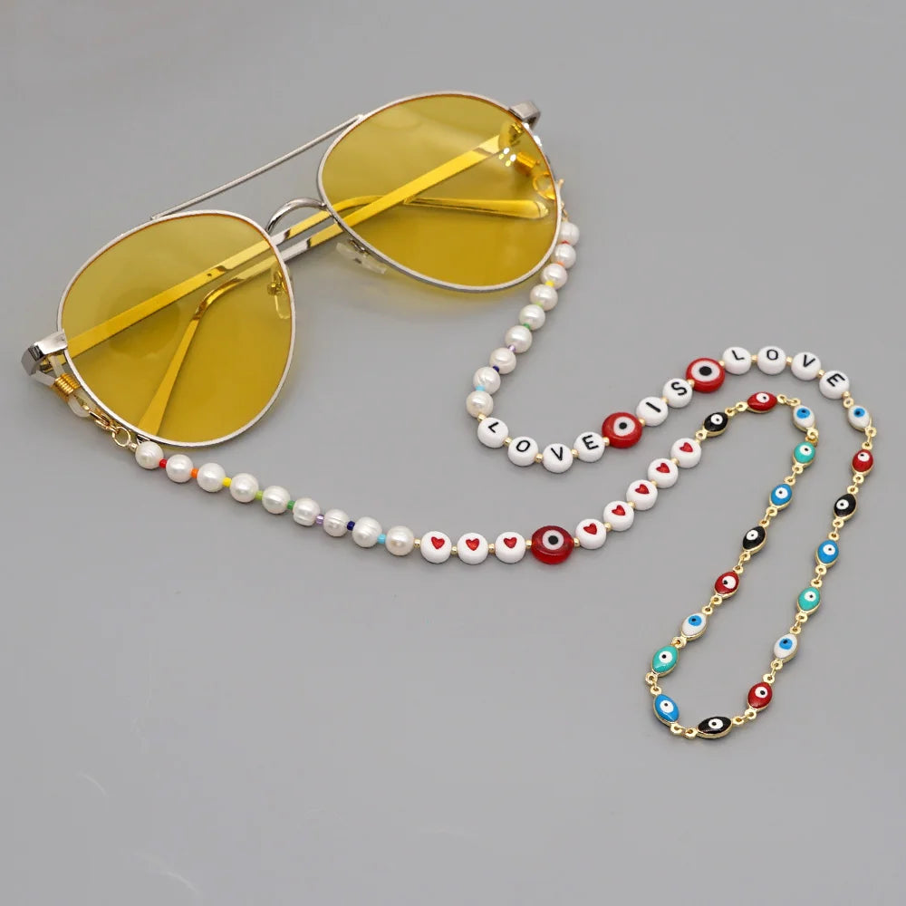 Go2boho Evil Eyes Bead Sunglasses Chain Women Facemask Bohemian Custom Letter Sunglasses Straps Eyewear Jewelry Pearl Necklaces