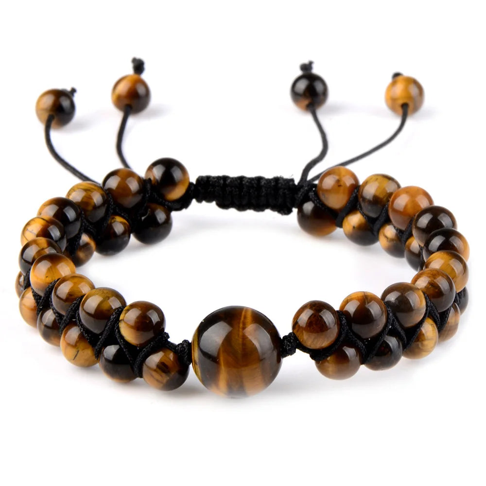 Hand Knitting Natural Double Tiger Eye Turquoise Lapis Lazuli with a Big Bead Adjustable Braided Rope Bracelet