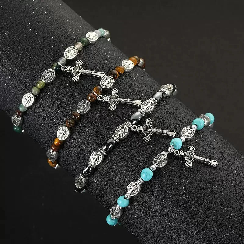 Wholesale Natural Stone Hematite Agate tiger Eye Beaded Bracelet Saint Benedict Alloy Cross Bracelet