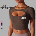 New Style Woman's Yoga Gym Top Mesh Double-layer Shirt Custom LOGO Breathable Quick-dry Woman's Fitness Workout Sportswear.