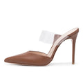 Dark Brown PU Leather Women Pointed Toe Mules Stilettos Party Pumps for Ladies Clear PVC Slippers
