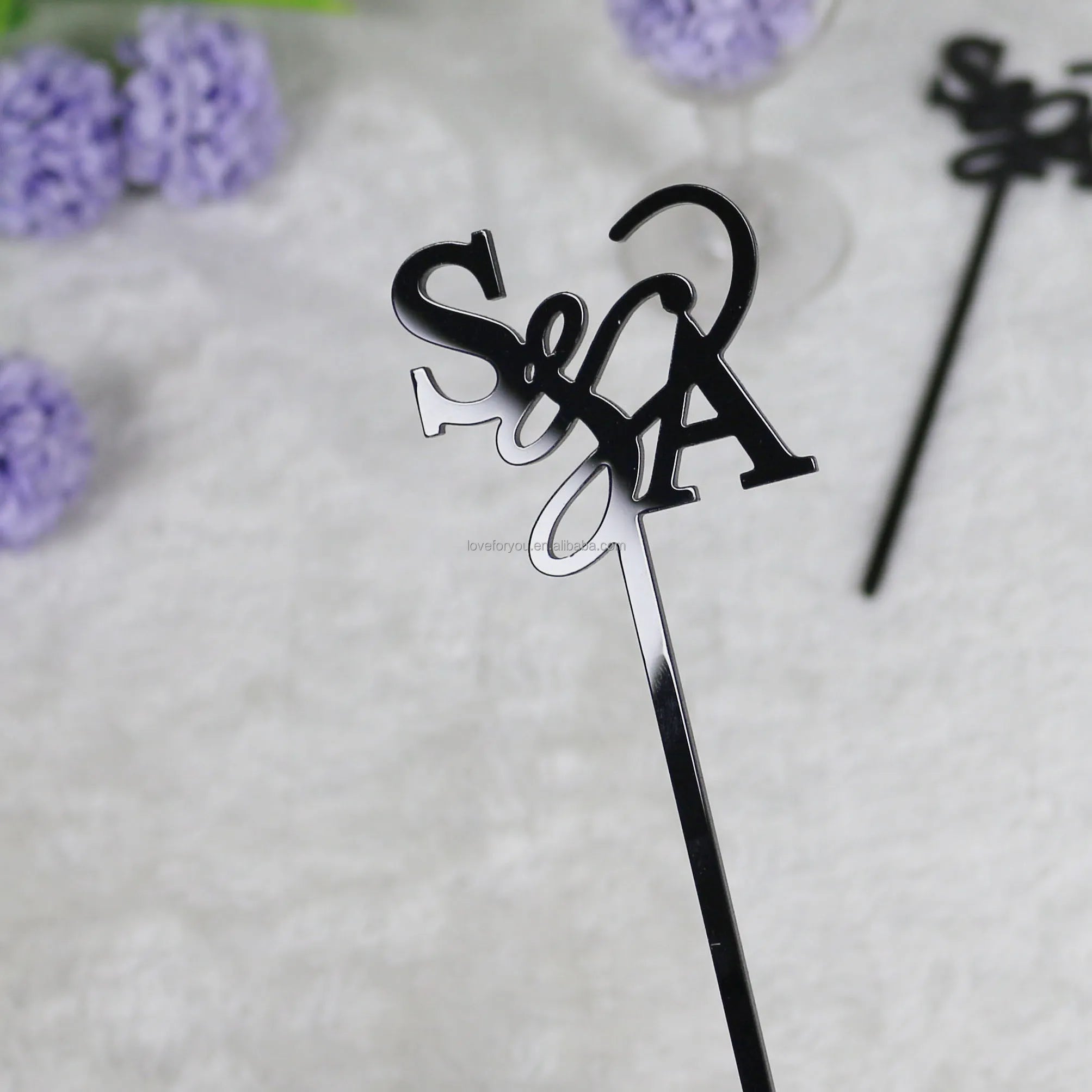 Custom Designed Black Acrylic Drink Stirrer Monogram Name Wedding Stir