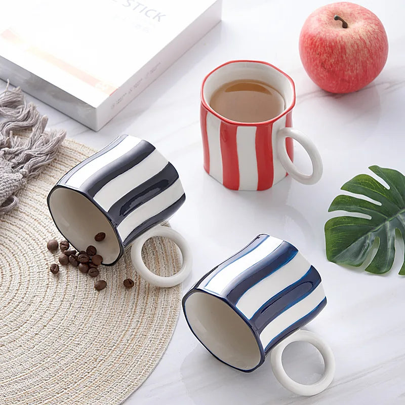 Solhui Creative Big Ear Geometric Thread Ceramic Mug Ins Student Breakfast Water Cup