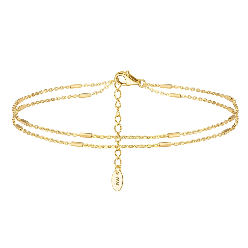 RINNTIN SA35 Silver Cable Chain Necklace with Horizontal Bar Anklet Layered Beach Adjustable Chain Anklet Foot Jewelry