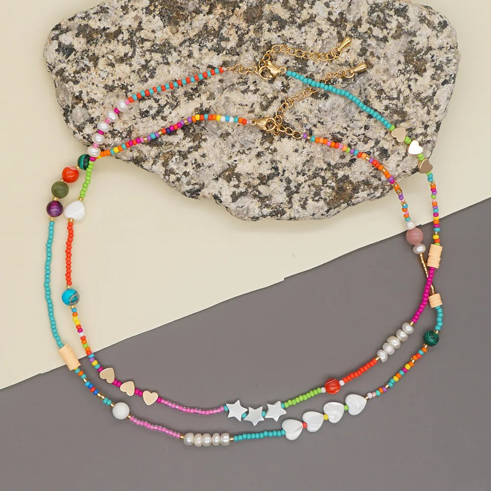 Popular Handmade Boho Summer Glass Seed Beads Beaded Shell Heart Bead Necklace Unisex Jewelry 24 Inches Bohemian Anniversary
