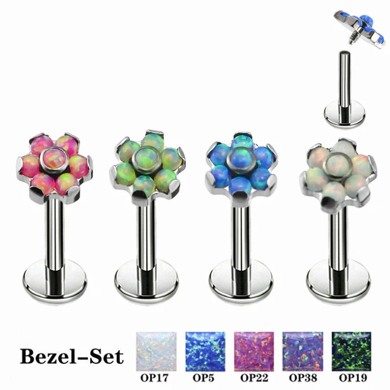Gzn Wholesale G23 Titanium Body Piercing Internally Threaded Bezel Set Opal Stone Flower Labret Lip Stud Jewelry