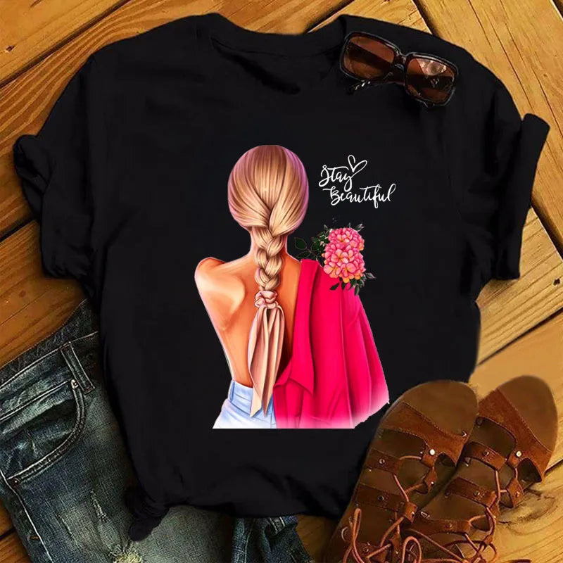 2025 Summer Hot Sale Fashion Heat Transfer Label Comfortable and Energetic Lady Cheap Casual Daily Wear T-Shirt