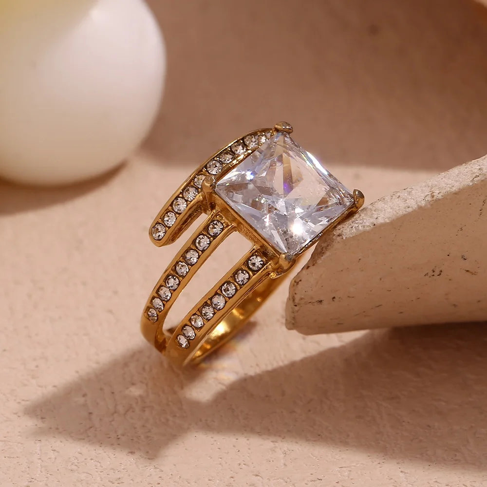 Multilayer Square Zircon Engagement Ring Gold Plated Jewelry Statement Christmas Gifts for Women