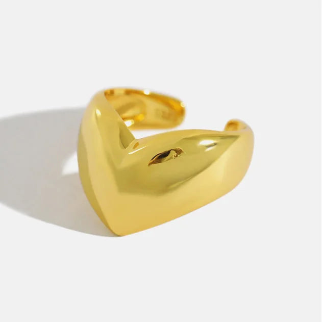 Simple Design Jewelry 18K Gold Plated S925 Sterling Silver Smooth Heart Shaped Open Adjustable Ring for Women