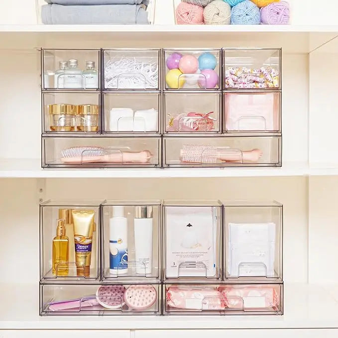 4 Pack Clear Stackable Storage Drawers 4.4'' Tall Acrylic Bathroom Makeup Organizer Plastic Storage Bins Vanity Undersink
