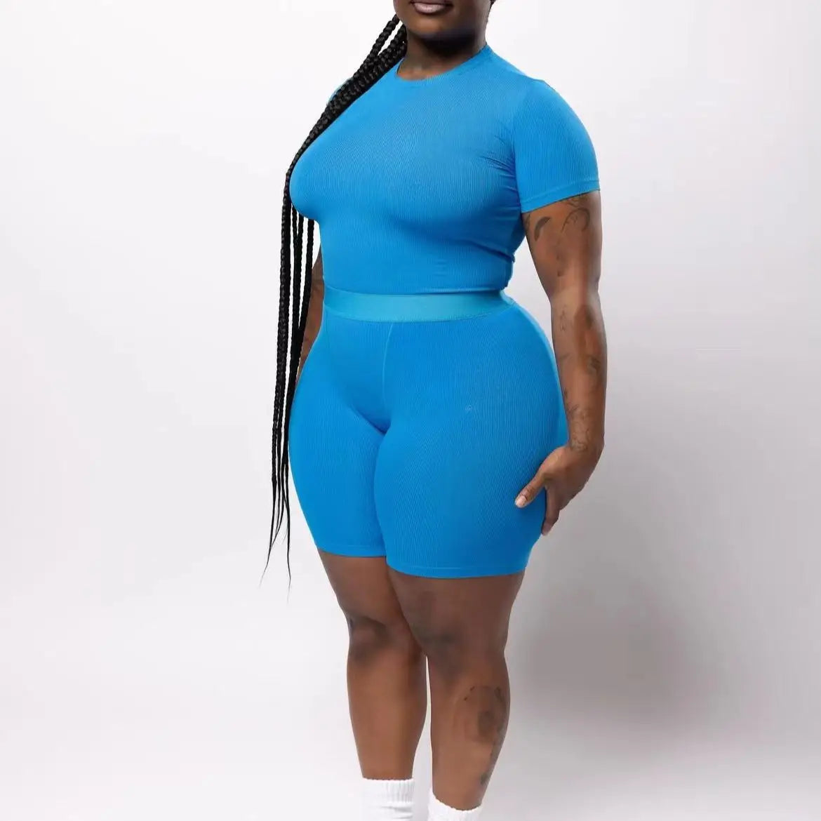 Blue Classic Short Sleeves Round Neck T-shirt and Shorts Two 2 Pieces Loungewear Set Women Clothing Summer 2024 Casual Outfit
