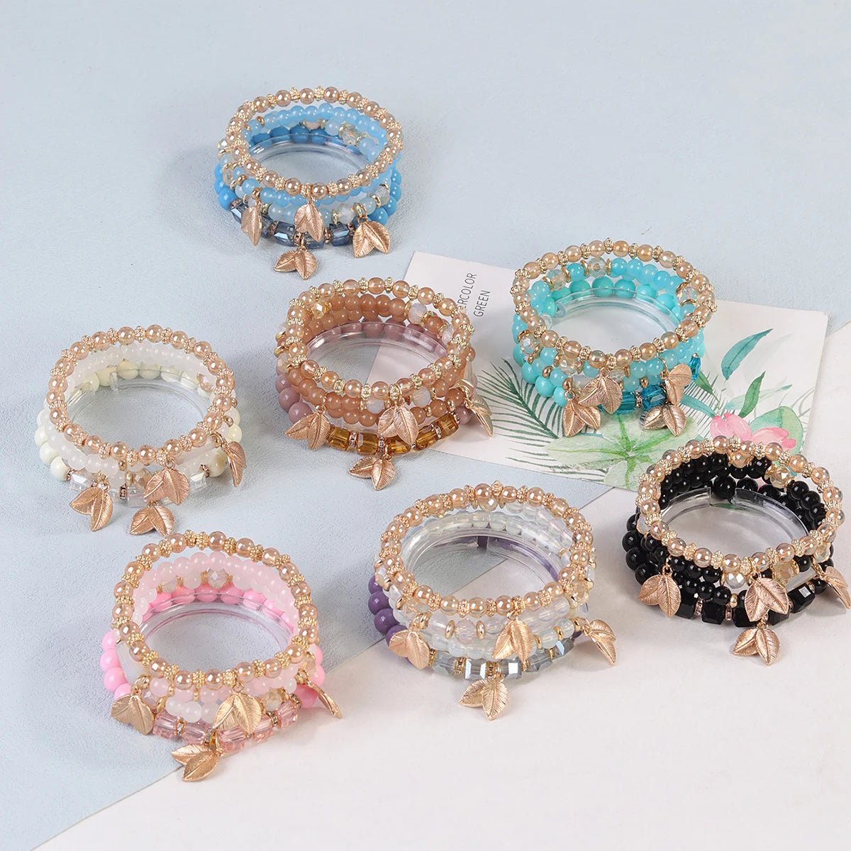2025 New Arrival Boho Four Leaf Pendant Jewelry Crystal Beads Multi Layered Bracelet  for Girls Gift