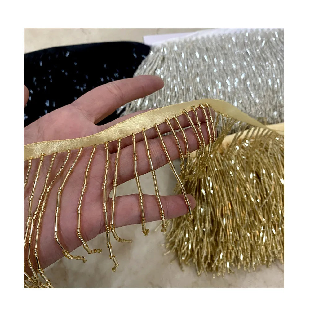 New 10Yards Gold Silver Black the Length 10cm Glass Beaded Fringe Lamp Costume Trim Crafts