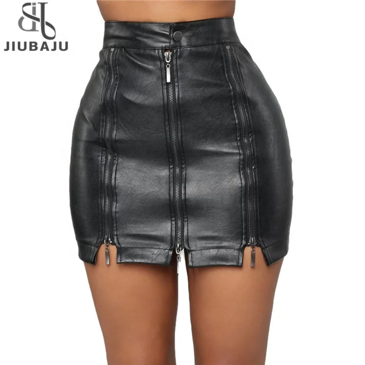 Women Plus Size Pu Leather a Line Skirt Three Full Zip Pocketed Bodycon Mini Skirt