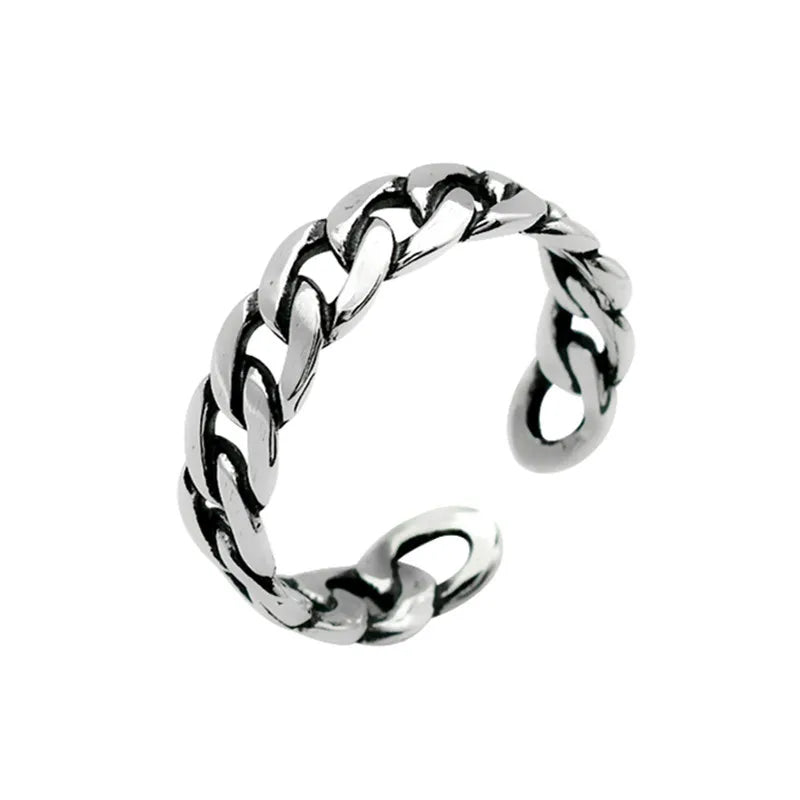 BASQUESUN Sterling Sliver Oxidized 6mm Curb Chain Biker Ring Thumb Ring Open Band Unisex Adjustable Size