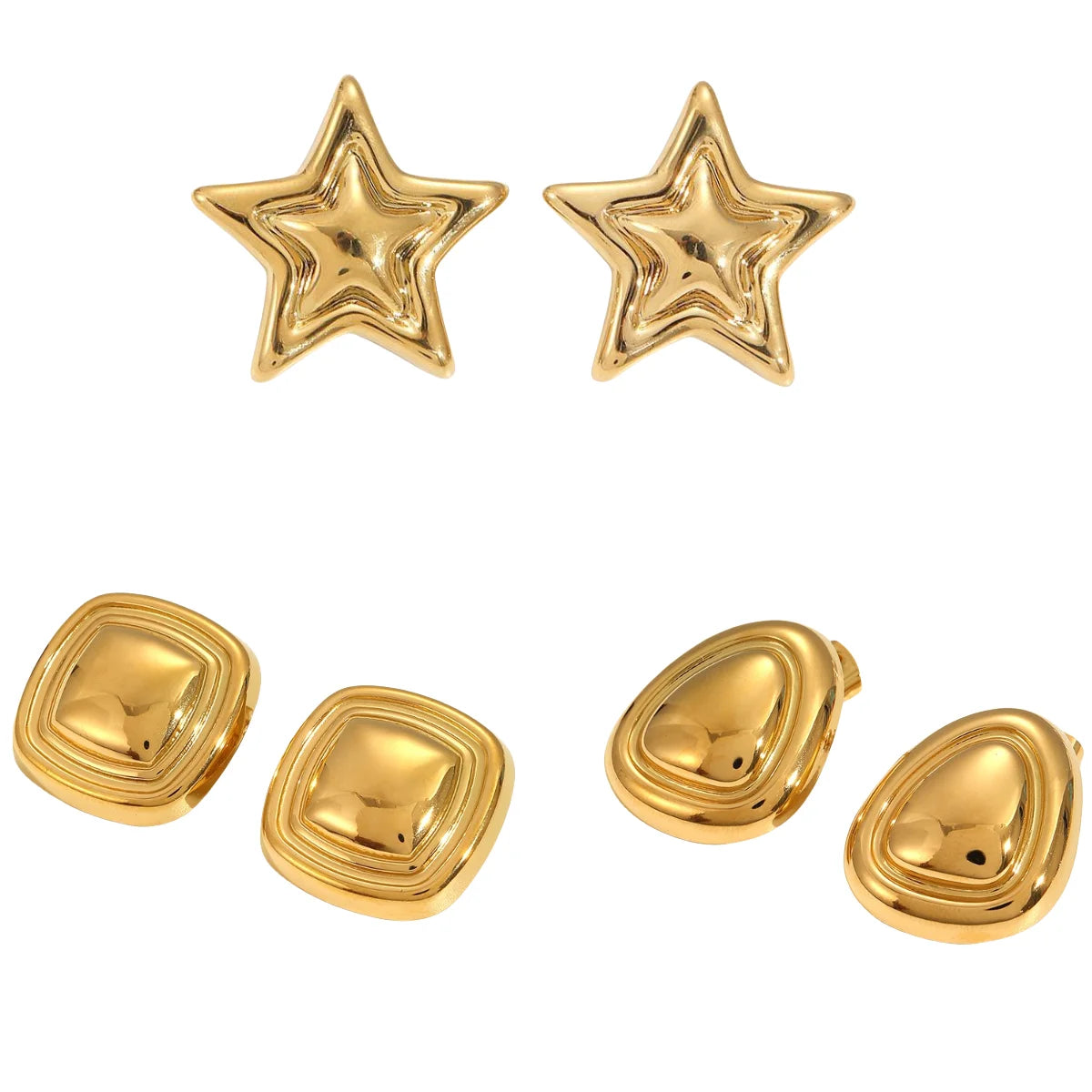 18K Gold Plated Geometric Star Stainless Steel Stud Earrings Set Trendy Fashion Jewelry with Bezel Setting for Gift