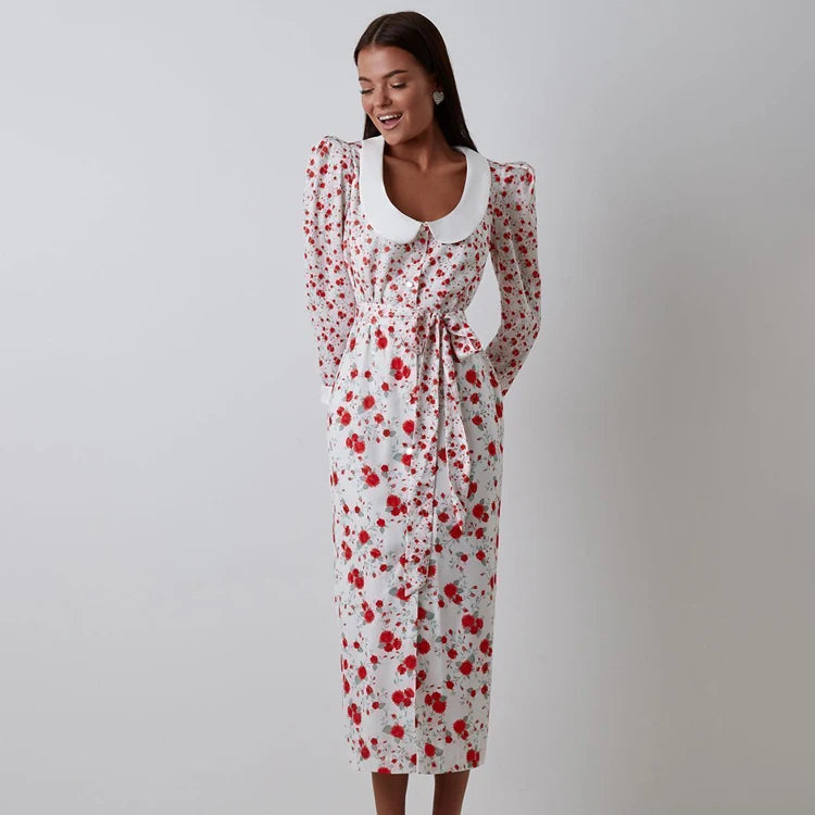 Belted Front Slit Long Sleeve Midi Autumn Vintage Women Dresses Ladies Floral Dress