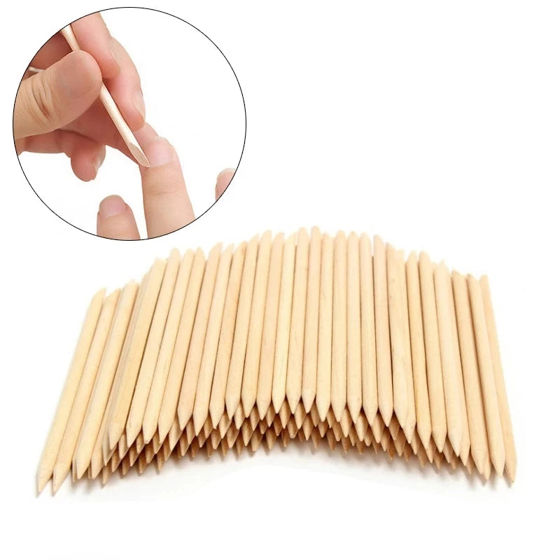 100pcs Double-End Orange Wood Cuticle Pusher Sticks Nail Art Tools for Manicure Scissors