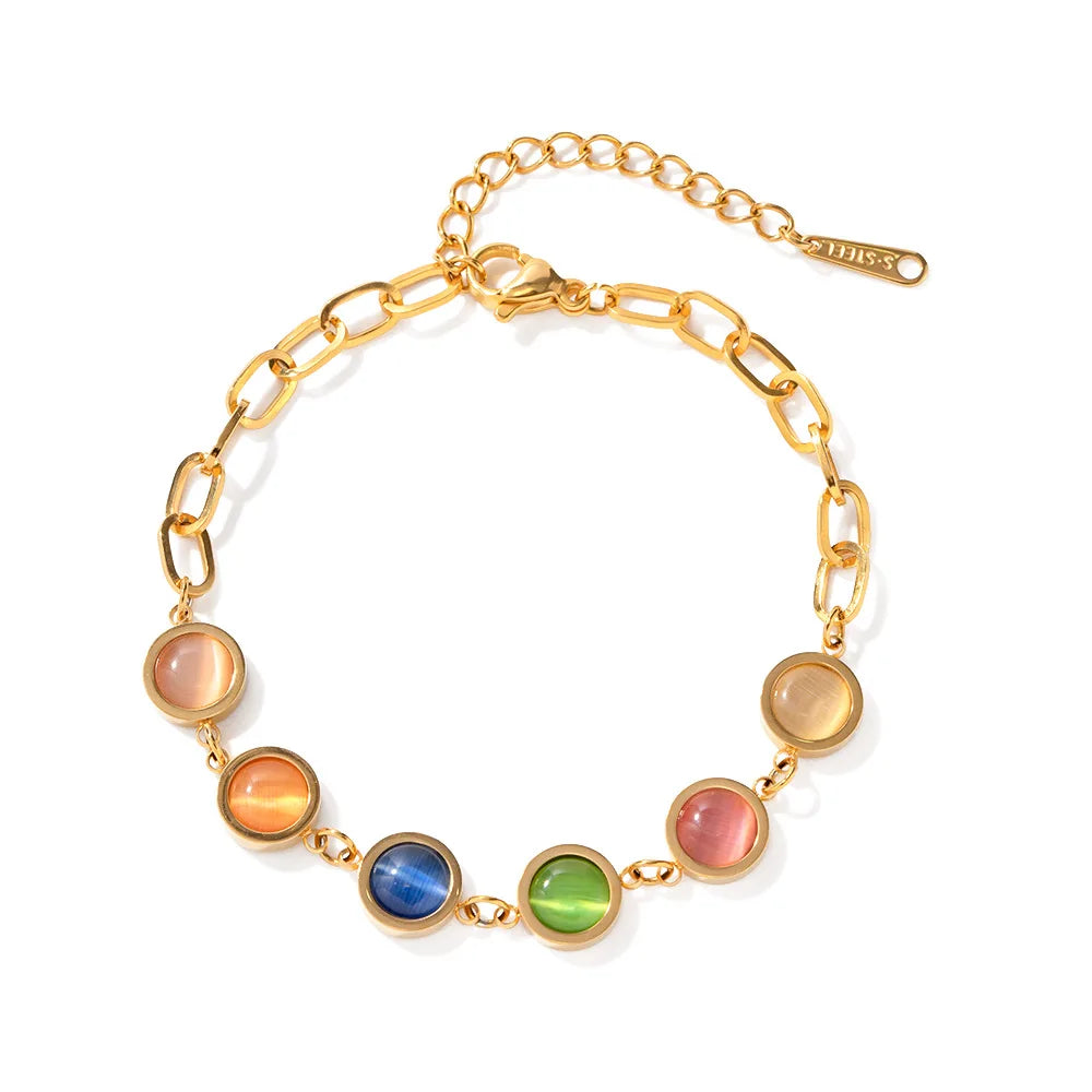 Statement 18k Gold Plated Fashion Elegant Waterproof Jewelry Multicolor Natural Stone Gemstone Link Chain Bracelet for Women