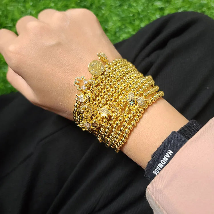 BC1389  Mini Tiny 4mm 18k Gold Accent Ball Beaded Bracelet with CZ Paved Bull Fish Bear Charms