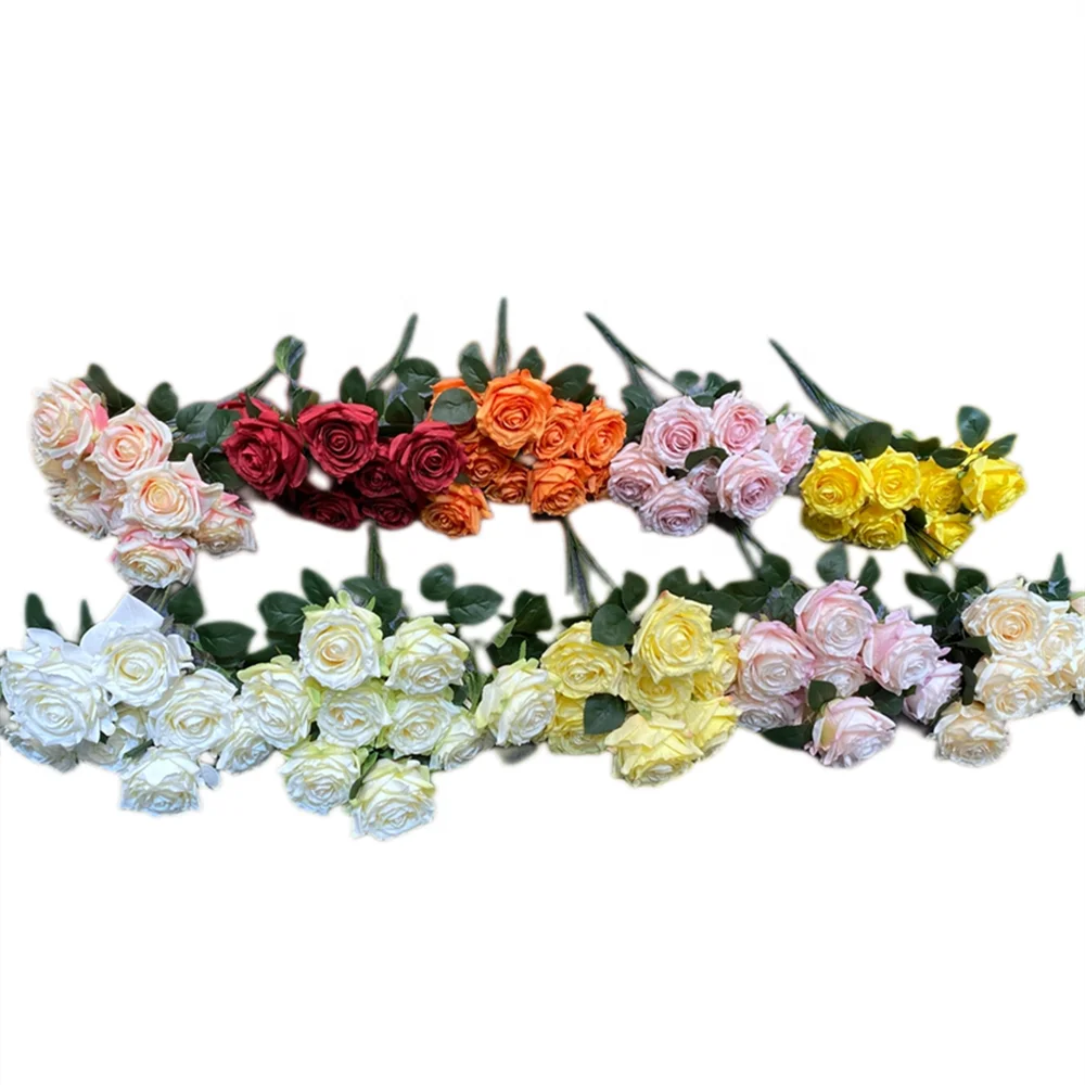 High Quality 9 Heads Silk Roses bunch Artificial Flower Rose for Wedding Decoration