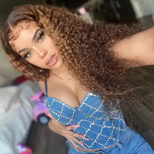 13x4 Blonde Highlight Lace Frontal Wig Deep Curly Ombre Highlight Wig 30 Inch HD Transparent Lace Front Human Hair Wigs