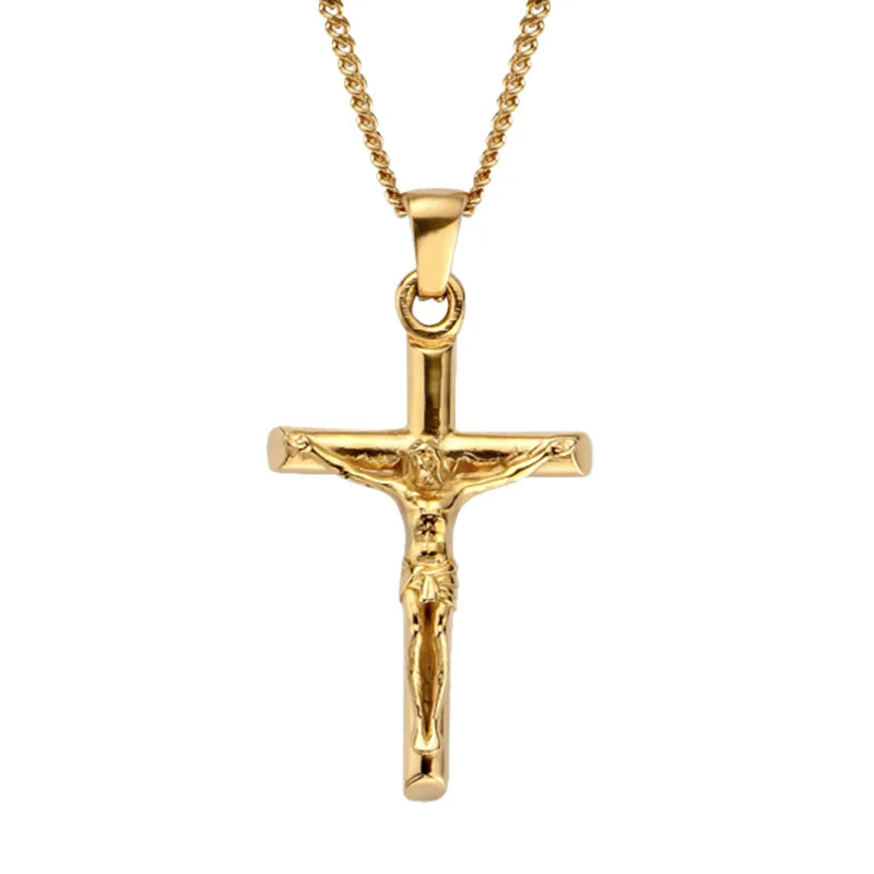 Hot Stainless Steel Jesus Cross Pendant Necklace Crucifix Religious Christian Charm Necklaces Gold Plated Factory Wholesale Punk
