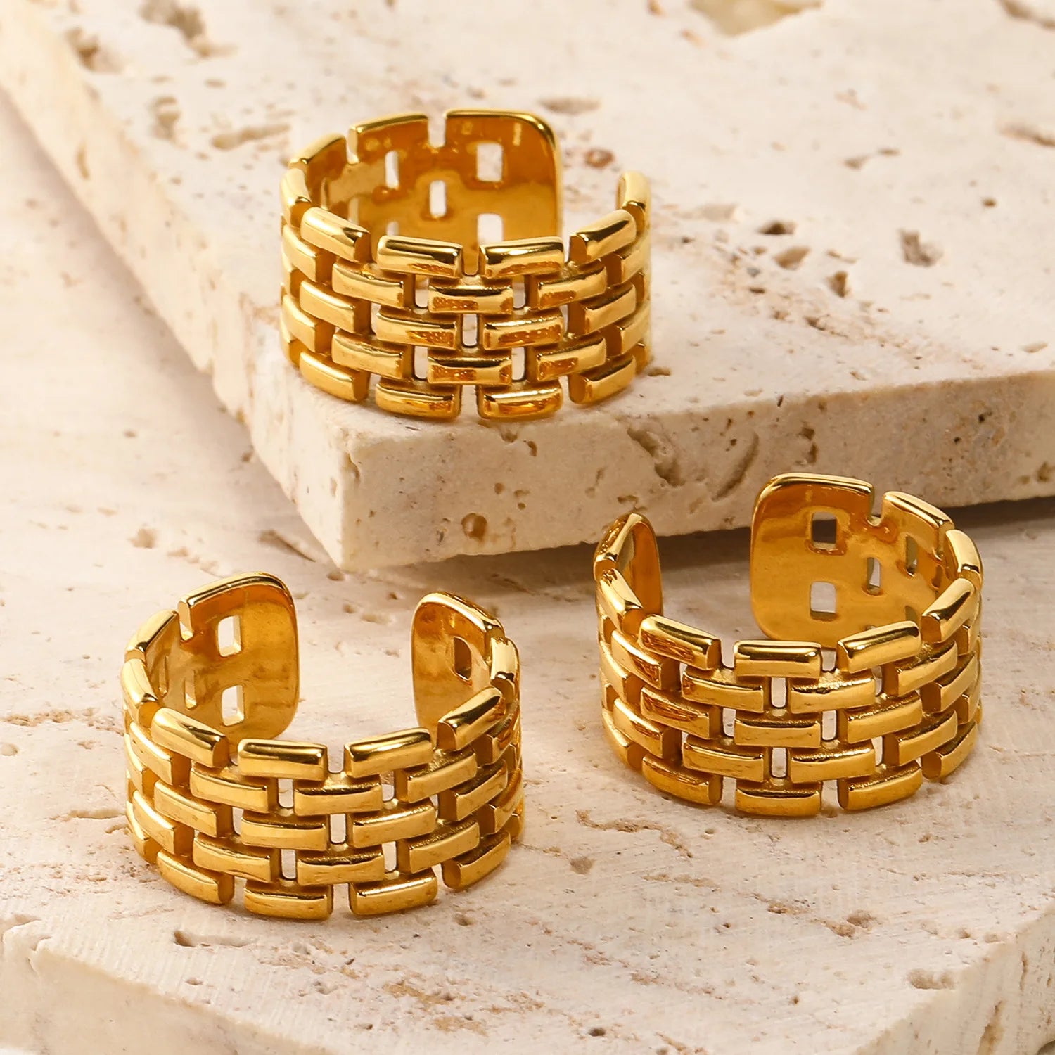 Waterproof Stainless Steel Gold Plated Open Ring Punk Chunky Wide Watch Band Hollow Out Open Ring Anillos De Acero Inoxidable