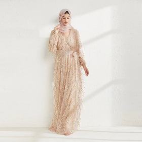 Gorgeous Heavy-work Sequins Section Lace Noble Temperament Luxurious Abaya Muslim Dress for Women