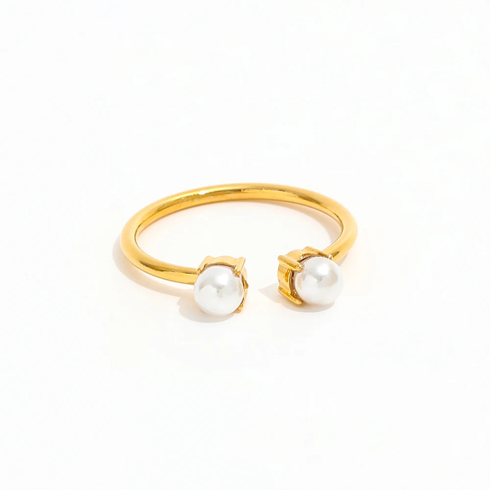 High End 18K PVD Gold Plated 2 Fresh Water Pearl Open Ring Stainless Steel Women Tarnish Free Fashion Jewelry