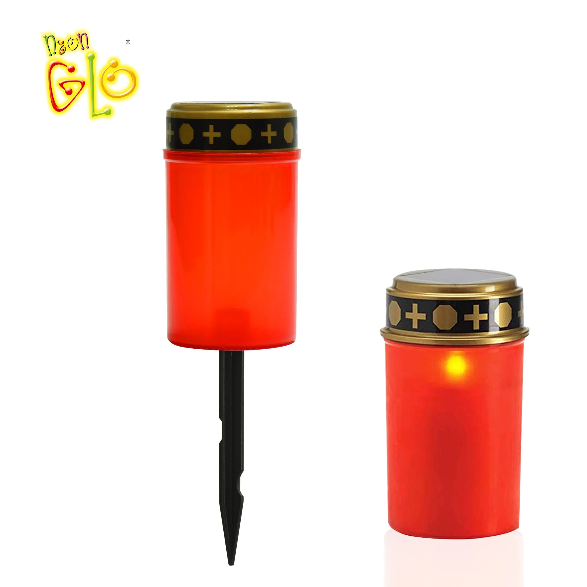 Neon-Glo LED Votire Solar Powered Cylinder Pillar Flameless Lantern Candle Eco-Friendly for Religious Grave Garden Use 4.7''