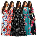 Elegant Floral Print Women Dresses O-neck Long Sleeve Hollow Out Autumn Spring Lady Casual Maxi Dresses