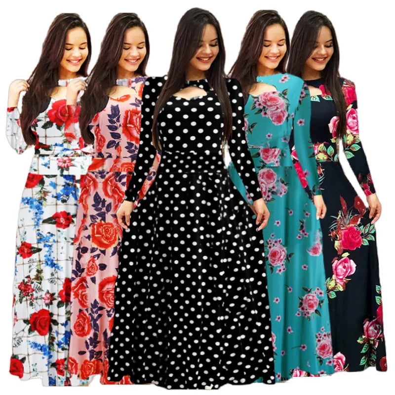 Elegant Floral Print Women Dresses O-neck Long Sleeve Hollow Out Autumn Spring Lady Casual Maxi Dresses