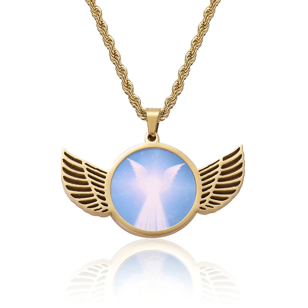 European and American Hip Hop Stainless Steel Photo Pendant Creative wings Round Picture Frame Necklace Jewelry Wholesale