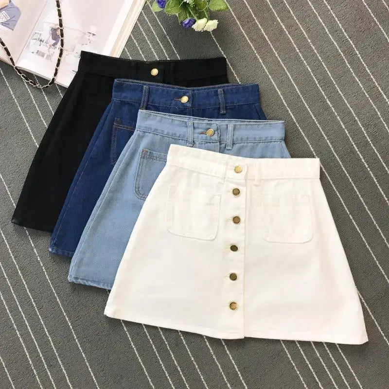 On Sale 2024 Summer Womens Ladies A-line Jeans Short Skirt Button High Waist Denim Pockets Skirt Harajuku Mini Jean Skirts